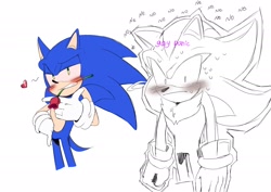 Size: 2048x1448 | Tagged: safe, artist:oin_09o, shadow the hedgehog, sonic the hedgehog, 2023, blushing, clenched teeth, duo, flower, frown, gay, gay panic, heart, lidded eyes, male, males only, mouth hold, rose, rose in mouth, shadow x sonic, shipping, simple background, standing, white background