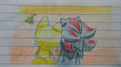 Size: 644x359 | Tagged: safe, artist:koffecitoa, miles "tails" prower, shadow the hedgehog, 2022, duo, gay, leaning on each other, lined paper, male, males only, outdoors, shadails, shipping, sitting, sunset, traditional media