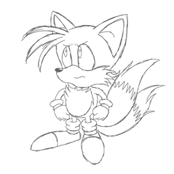 Size: 2048x2048 | Tagged: artist needed, safe, miles "tails" prower, annoyed, classic tails, clenched fists, frown, line art, looking up, mobius.social exclusive, simple background, sketch, solo, standing, white background