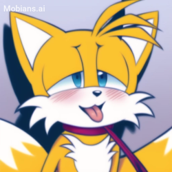 Size: 512x512 | Tagged: safe, ai art, artist:mobians.ai, miles "tails" prower, fox, :3, blushing, collar, leash, lidded eyes, looking ahead, male, offscreen character, prompter:taeko, shadow (lighting), solo, tongue out