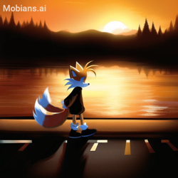Size: 2048x2048 | Tagged: safe, ai art, artist:mobians.ai, miles "tails" prower, fox, black shoes, hoodie, lake, lineless, male, outdoors, oversized, prompter:taeko, solo, sunset, tree, walking