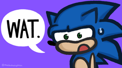 Size: 4215x2371 | Tagged: safe, artist:maxthedrawingperson, sonic the hedgehog, hedgehog, 2023, dialogue, english text, looking at viewer, male, meme, mouth open, purple background, simple background, solo, speech bubble, wat, youtube link in description