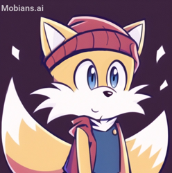 Size: 2016x2030 | Tagged: safe, ai art, artist:mobians.ai, miles "tails" prower, fox, beanie, chest fluff, jacket, looking offscreen, male, prompter:taeko, shirt, smile, solo, sparkles