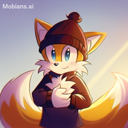 Size: 512x512 | Tagged: safe, ai art, artist:mobians.ai, miles "tails" prower, fox, abstract background, beanie, blushing, chest fluff, looking at viewer, male, outdoors, prompter:taeko, smile, solo, standing, sweater