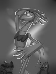 Size: 1024x1346 | Tagged: safe, artist:esef3733, coconuts, grounder, scratch, ..., gay, greyscale, heart, lidded eyes, looking at them, looking at viewer, male, males only, mouth open, posing, robot, scrounder, shipping, smile, standing, stupid sexy scratch, trio