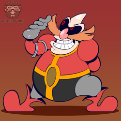Size: 1280x1280 | Tagged: safe, artist:roliciousart, robotnik, human, adventures of sonic the hedgehog, black sclera, clenched teeth, gradient background, hand behind back, looking up, male, shadow (lighting), smile, solo, standing, thumbs up, watermark