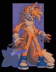 Size: 1334x1700 | Tagged: safe, artist:vhsghostricks, miles "tails" prower, fox, abstract background, arm fluff, blue shoes, blushing, crotch fluff, ear fluff, fingerless gloves, leg fluff, looking at viewer, male, older, signature, smile, solo, standing
