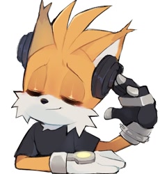 Size: 1161x1260 | Tagged: safe, artist:bloodshot121, miles "tails" prower, nine, fox, sonic prime, content, cute, eyes closed, headphones, male, shirt, simple background, sitting, smile, solo, tailabetes, white background