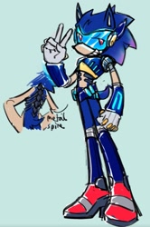 Size: 1079x1626 | Tagged: safe, artist:wewour, sonic prime s2, blue background, chaos sonic, cyborg, english text, heels, lidded eyes, looking at viewer, mobianified, partially roboticized, red eyes, simple background, smile, solo, standing, v sign