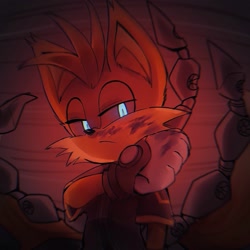 Size: 2048x2048 | Tagged: semi-grimdark, artist:arosaaa, miles "tails" prower, nine, fox, sonic prime, blood, blood stain, frown, glowing eyes, implied murder, lidded eyes, looking at viewer, male, solo, standing