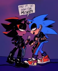 Size: 1665x2048 | Tagged: safe, artist:youhalfwit, shadow the hedgehog, sonic the hedgehog, hedgehog, blushing, clothes, dialogue, duo, ear fluff, ear piercing, emo, emo outfit, emo shadow, emo sonic, english text, eyelashes, eyeshadow, fishnets, gay, gradient background, guitar, holding something, jacket, lidded eyes, looking at each other, male, males only, mouth open, one fang, shadow x sonic, shipping, singing, smile, speech bubble, standing, sweatdrop