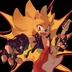 Size: 1517x1517 | Tagged: safe, artist:vizionsin, sonic the hedgehog, super sonic, hedgehog, abstract background, chest fluff, claws, emo, emo sonic, eyelashes, fingerless gloves, guitar, holding something, jacket, looking at viewer, male, mouth open, signature, smile, solo, super form