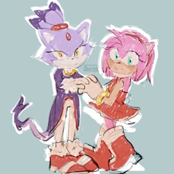 Size: 2048x2048 | Tagged: safe, artist:bluecyannsfw, amy rose, blaze the cat, cat, hedgehog, 2023, amy x blaze, amy's halterneck dress, blaze's tailcoat, cute, female, females only, holding hands, lesbian, looking at viewer, shipping