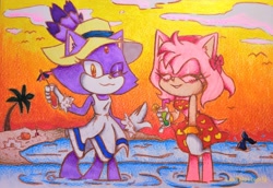 Size: 3966x2732 | Tagged: safe, artist:leafblossom_17, amy rose, blaze the cat, cat, hedgehog, 2023, amy x blaze, beach, eyes closed, female, females only, hat, lesbian, one eye closed, shipping, swimsuit