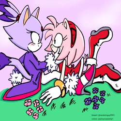 Size: 1080x1080 | Tagged: safe, artist:amyrosesimp1, artist:randomguy9991, amy rose, blaze the cat, cat, hedgehog, 2021, amy x blaze, amy's halterneck dress, blaze's tailcoat, blushing, cute, female, females only, flowers, hand on cheek, lesbian, looking at each other, outdoors, shipping