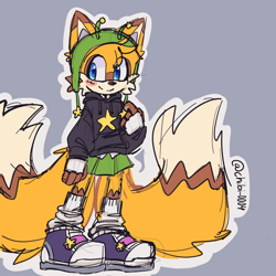 Size: 2048x2048 | Tagged: safe, artist:chibi-0004, miles "tails" prower, fox, blushing, fingerless gloves, grey background, hat, hoodie, leg warmers, looking offscreen, male, outline, purple shoes, signature, simple background, skirt, smile, solo, standing, star (symbol)