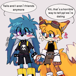 Size: 2048x2048 | Tagged: safe, artist:chibi-0004, kit the fennec, miles "tails" prower, fox, clothes, dialogue, duo, english text, eye clipping through hair, fennec, fingerless gloves, gay, goggles, grey background, heart, holding hands, kitails, lidded eyes, looking at them, looking offscreen, male, males only, mouth open, shipping, shirt, signature, simple background, speech bubble, spiked bracelet, spiked collar, standing, sweatdrop, tank top