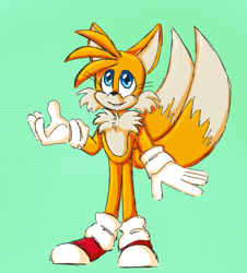 Size: 958x1061 | Tagged: safe, artist:prowerprojects, miles "tails" prower, fox, eyelashes, green background, looking up, nonbinary, simple background, smile, solo, standing