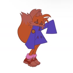 Size: 1027x1027 | Tagged: safe, artist:eimaivlaka, miles "tails" prower, fox, blushing, limited palette, looking at viewer, oversized, redesign, simple background, smile, solo, standing, sweater, white background, zip