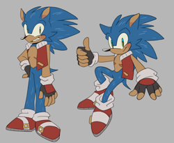 Size: 2048x1676 | Tagged: safe, artist:hibiscuit-rose, sonic the hedgehog, blushing, fingerless gloves, grey background, jacket, looking at viewer, male, posing, redesign, simple background, smile, solo, standing, thumbs up, top surgery scars, trans male, transgender