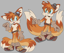 Size: 2048x1676 | Tagged: safe, artist:hibiscuit-rose, miles "tails" prower, fox, belt, blue sclera, blushing, brown gloves, brown shoes, ear fluff, goggles, grey background, male, mouth open, one fang, posing, redesign, simple background, smile, solo, standing