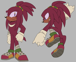Size: 2048x1676 | Tagged: safe, artist:hibiscuit-rose, knuckles the echidna, echidna, bandage, blushing, clenched teeth, frown, grey background, male, ponytail, posing, redesign, simple background, solo, standing