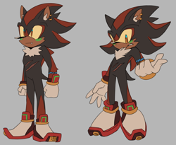 Size: 2048x1676 | Tagged: safe, artist:hibiscuit-rose, shadow the hedgehog, hedgehog, blushing, ear fluff, ear piercing, frown, green blush, grey background, looking at viewer, looking offscreen, male, posing, redesign, scar, simple background, solo, standing, yellow sclera
