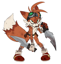 Size: 1689x1764 | Tagged: semi-grimdark, artist:munchcattoarts, miles "tails" prower, fox, fanfic:starved, sonic prime, alternate eye color, alternate universe, angry, bandage, belt, blood, blood stain, claws, frown, goggles, green eyes, holding something, knife, looking at viewer, male, missing limb, shrunken pupils, simple background, solo, stain, transparent background