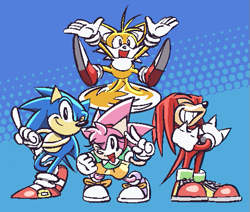Size: 513x435 | Tagged: safe, artist:tuna-cereal-box, amy rose, knuckles the echidna, miles "tails" prower, sonic the hedgehog, echidna, fox, hedgehog, sonic superstars, abstract background, classic amy, classic knuckles, classic sonic, classic tails, female, flying, group, looking at viewer, male, smile, spinning tails, standing, v sign