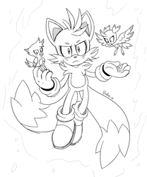 Size: 1000x1200 | Tagged: safe, artist:heilos, flicky, miles "tails" prower, super tails, fox, ambiguous gender, flying, frown, headcanon, line art, looking at viewer, male, signature, super form, trio