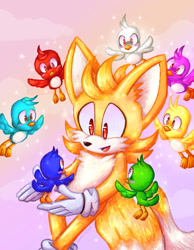 Size: 1400x1800 | Tagged: safe, artist:zippityzap, flicky, miles "tails" prower, super tails, fox, abstract background, ambiguous gender, ear fluff, group, male, mouth open, smile, sparkles, super form