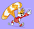 Size: 900x762 | Tagged: safe, artist:sunnyaliceart, miles "tails" prower, fox, dust clouds, eyes closed, male, mouth open, one fang, purple background, running, signature, simple background, smile, solo, spinning tails, sweater, waving