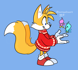 Size: 900x818 | Tagged: safe, artist:sunnyaliceart, flicky, miles "tails" prower, fox, ambiguous gender, blue background, flapping wings, flying, one fang, signature, simple background, smile, standing, sweater, trio