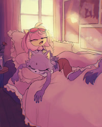 Size: 640x800 | Tagged: safe, artist:lynxbabey, amy rose, blaze the cat, cat, hedgehog, 2023, amy x blaze, bed, bedroom, cute, eyes closed, female, females only, lesbian, shipping, sleeping