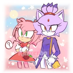 Size: 1280x1280 | Tagged: safe, artist:ranterbo, amy rose, blaze the cat, cat, hedgehog, 2022, amy x blaze, amy's halterneck dress, bag, blaze's tailcoat, cute, female, females only, flower, lesbian, looking at them, question mark, shipping
