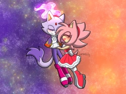 Size: 1600x1200 | Tagged: safe, artist:lunareity, amy rose, blaze the cat, cat, hedgehog, 2022, amy x blaze, blushing, cute, eyes closed, female, females only, hand on back, hand on chest, lesbian, mouth open, shipping