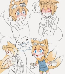 Size: 800x907 | Tagged: safe, artist:feli.chii_art, miles "tails" prower, human, blushing, dialogue, english text, goggles, grey background, humanized, implied sonic, japanese text, male, older, overalls, plane, simple background, solo, speech bubble, standing