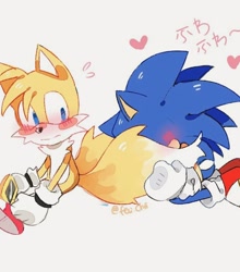 Size: 780x886 | Tagged: safe, artist:feli.chii_art, miles "tails" prower, sonic the hedgehog, fox, hedgehog, blushing, duo, gay, grey background, heart, holding something, holding tail, japanese text, kneeling, looking back at them, male, males only, shipping, simple background, sitting, sonic x tails