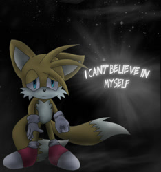 Size: 900x960 | Tagged: safe, artist:shadoukun, miles "tails" prower, 2011, abstract background, dialogue, english text, floppy ear, frown, lidded eyes, sad, solo, standing