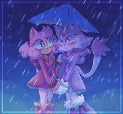 Size: 2048x1912 | Tagged: safe, artist:tailsnumber1fan, amy rose, blaze the cat, cat, hedgehog, 2023, amy x blaze, blushing, cute, female, females only, holding hands, lesbian, looking at each other, rain, shipping, umbrella