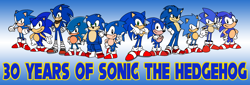 Size: 2556x864 | Tagged: safe, artist:death-driver-5000, sonic ova, sonic the hedgehog, adventures of sonic the hedgehog, sonic mania adventures, sonic underground, anniversary, classic sonic, fleetway sonic, lego sonic, modern sonic, movie style, sonic satam