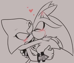 Size: 1848x1574 | Tagged: safe, artist:m4gnum0pu5, espio the chameleon, silver the hedgehog, 2022, blushing, blushing ears, duo, eyes closed, gay, grey background, holding each other, kiss, monochrome, shipping, silvio, simple background, standing