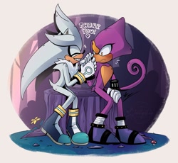 Size: 2048x1886 | Tagged: safe, artist:starlightseq, espio the chameleon, silver the hedgehog, 2022, abstract background, blushing, dialogue, duo, english text, gay, heart, holding hands, shipping, silvio, sitting, smile, surprised