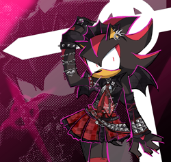 Size: 968x918 | Tagged: safe, artist:disastermanagement, shadow the hedgehog, abstract background, chain, claws, crucifix, dress, ear piercing, earring, echo background, femboy, fingerless gloves, goth, goth outfit, goth shadow, jacket, looking at viewer, male, mouth hold, redraw, solo, spiked bracelet, wings