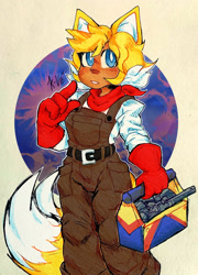 Size: 1476x2047 | Tagged: safe, artist:selfheartful, miles "tails" prower, human, abstract background, bandana, belt, blushing, clenched teeth, female, gender swap, holding something, humanized, looking at viewer, overalls, red gloves, signature, solo, standing, toolbox