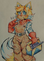 Size: 1476x2047 | Tagged: safe, artist:selfheartful, miles "tails" prower, human, alternate version, bandana, belt, blushing, clenched teeth, female, gender swap, holding something, humanized, looking at viewer, overalls, red gloves, signature, solo, standing, toolbox, traditional media