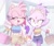 Size: 1800x1500 | Tagged: safe, artist:maibeibi02, amy rose, blaze the cat, cat, hedgehog, 2023, alternate outfit, amy x blaze, cute, eyes closed, female, females only, holding hands, indoors, lesbian, mouth open, open smile, shipping, shopping bag, smile, smiling at them, sweatdrop