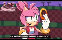 Size: 2048x1316 | Tagged: safe, artist:kitarehamakura, amy rose, hedgehog, green hill zone, sonic prime, 2022, abstract background, alternate universe, dialogue, english text, female, holding something, ring, role swap, smile, solo, standing