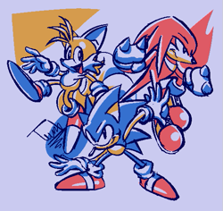 Size: 543x512 | Tagged: safe, artist:tuna-cereal-box, knuckles the echidna, miles "tails" prower, sonic the hedgehog, echidna, fox, hedgehog, abstract background, frown, male, males only, signature, smile, sonic jam, team sonic, trio