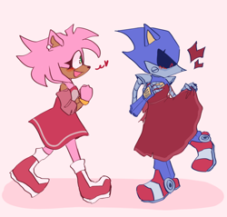 Size: 2048x1961 | Tagged: safe, artist:venomousautism, amy rose, metal sonic, black sclera, blushing, dress, duo, ear piercing, eyelashes, female, females only, half r63 shipping, heart, lesbian, looking at something, looking at them, metamy, pink background, robot, shadow (lighting), shipping, simple background, skirt, smile, standing, trans female, transgender, walking